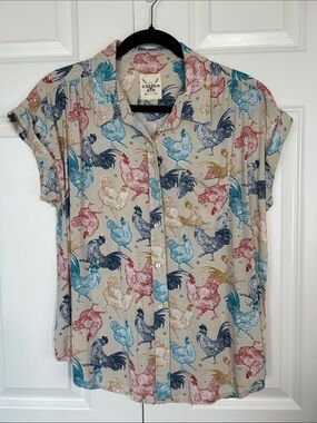 Cotton + Rye Beige Multi Rooster Print Button-Up Blouse